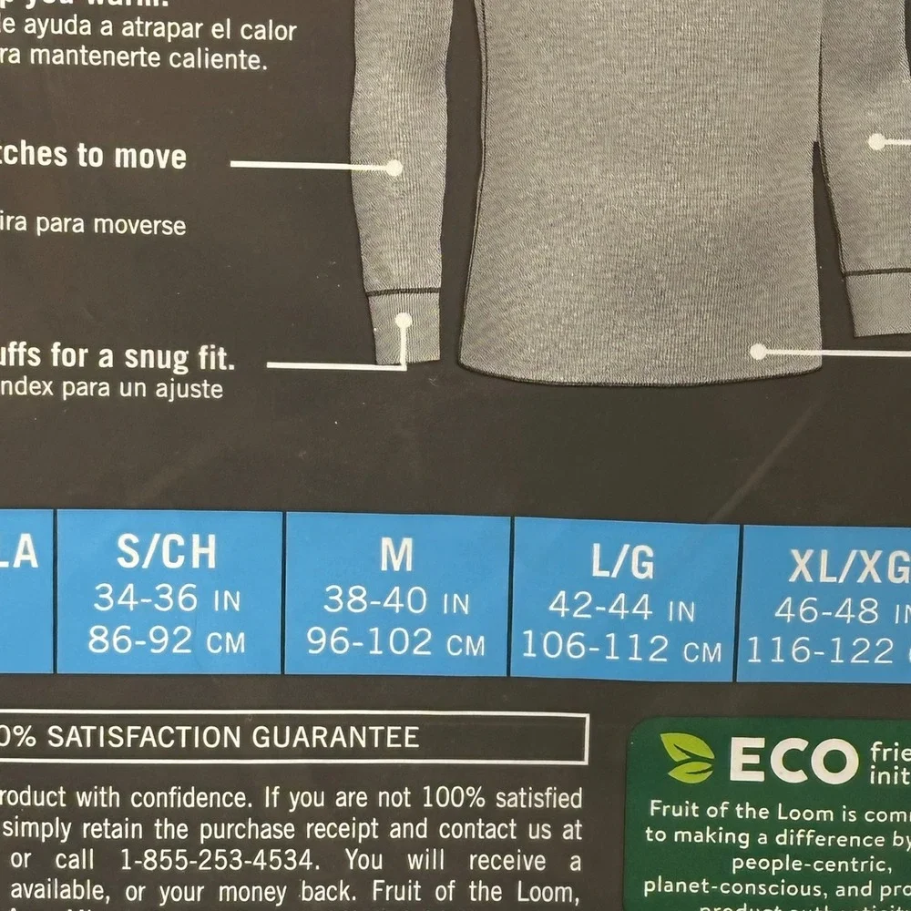 Fruit of the Loom Mens M Thermal Crew Black Waffle Knit Long Sleeve Base Layer